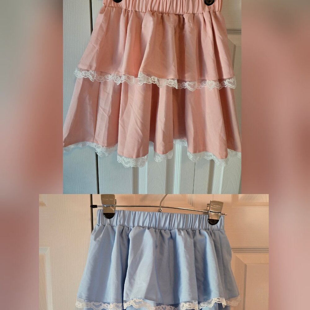 ROMWE Set 2 Pastel Pink & Blue Ruffle Layered Lace Skirts XS Kawaii Lolita